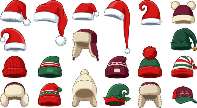 Christmas and Winter Holiday Hats Vector Icon Set with Santa Claus Caps Elf Headwear and Cozy Woolen Beanies for Festive Apparel Designs