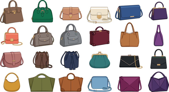 Women Fashion Handbags and Purses Flat Vector Icon Set with Luxury Totes Clutches Crossbody Bags and Satchels for Retail Store Designs