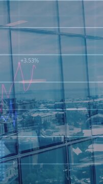 Animation of financial data processing over cityscape