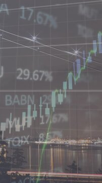 Animation of financial data processing over cityscape