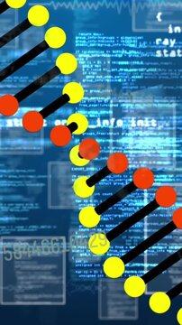 Animation of dna strand spinning and data processing on blue background