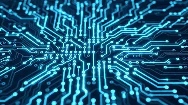 Blue electronic circuit board with glowing digital connection points.