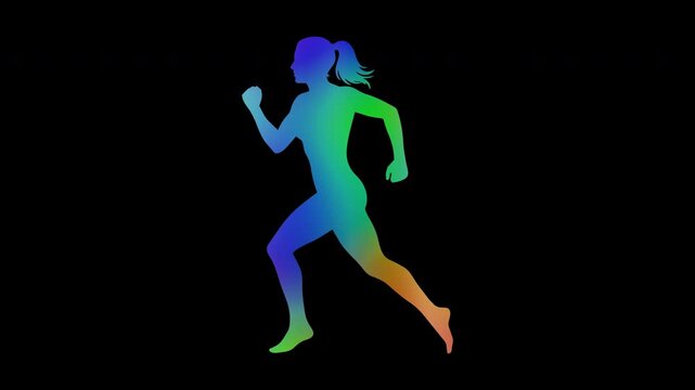 Colorful abstract patterns of the human body showing a woman running, alpha channel, looping