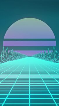 Animation of digital mountains and sun on black background