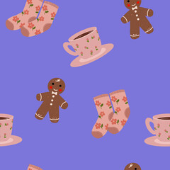 Fototapeta premium Cozy Winter Tea Socks and Gingerbread Seamless Pattern on Blue Background