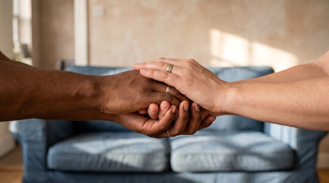 Diverse hands clasped together symbolizing unity and support in a softly lit interior setting