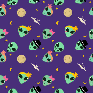 Cute Green Alien and Planet Seamless Pattern on Purple Background