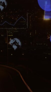 Animation of financial data processing over cityscape