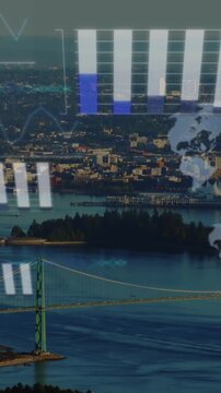 Animation of financial data processing over cityscape