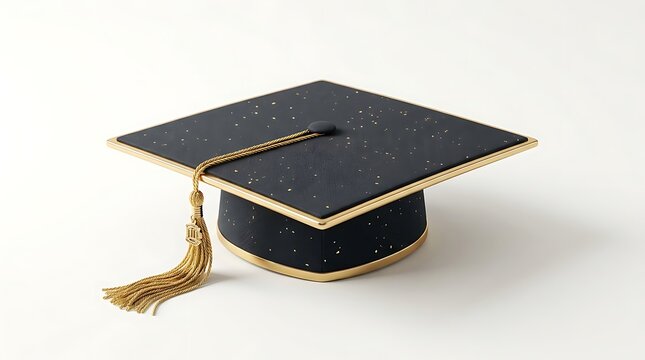 Single black graduation cap with gold trim and gold tassel on white surface