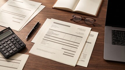 Obraz premium Top View of Financial Accounting Documents Calculator Pen and Eyeglasses on Desk