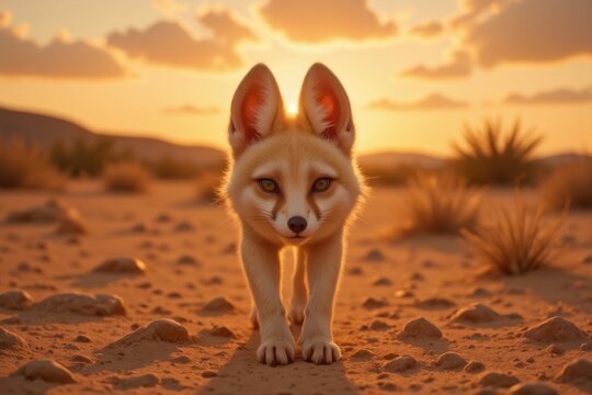 Fennek beim Laufen durch eine sandige W&uuml;stenlandschaft bei goldenem Sonnenuntergang