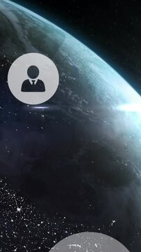 Animation of multiple profile icon floating over spinning globe and light spot on black background