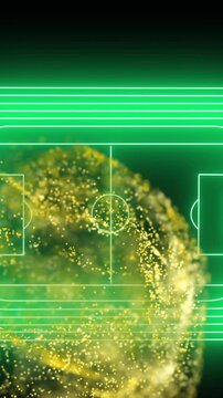 Animation of yellow digital wave over neon green soccer field layout against black background