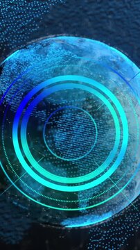 Animation of network of connections and scope scanning over spinning globe on blue background