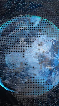 Animation of network of connections over spinning globe against blue background
