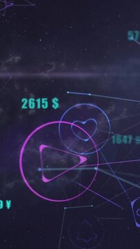 Animation of network of digital icons and light spot against space in background