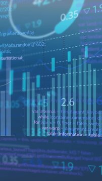 Animation of statistical and stock market data processing against blue background