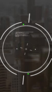 Animation of circles and computer language over modern cityscape in background