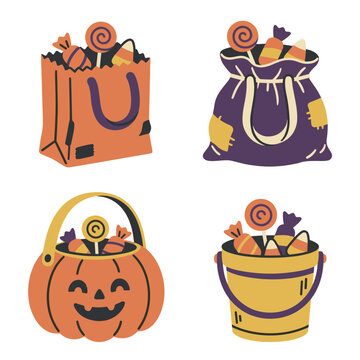 Vibrant vector illustration set featuring colorful trick or treat candy bags and festive jack o lantern buckets for halloween celebration