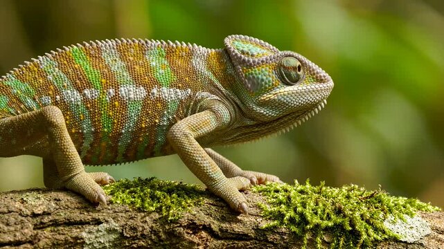 Colorful chameleon perched on a mossy tree branch.