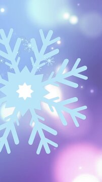 Animation of snowflakes falling against glowing spots of light on purple background with copy space