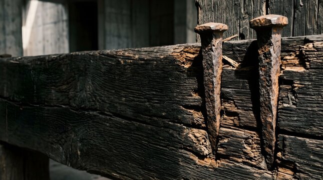 Two large weathered iron spikes driven into a dark textured timber beam