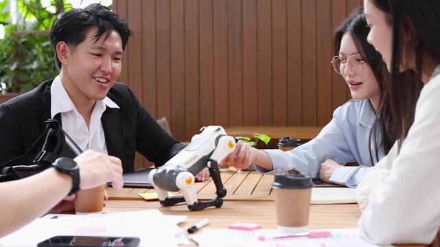 Asian Business Professionals Interacting with Robot Dog in Bangkok Office