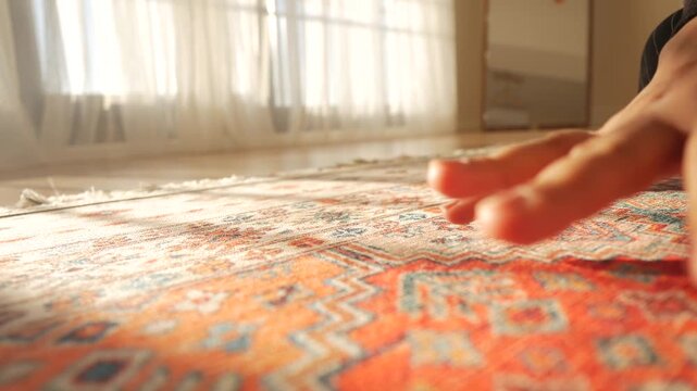 Close up of person hand touching soft, patterned carpet in room with natural light from window, cozy home interior