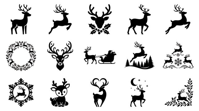 Winter and christmas reindeer silhouette icon set with reindeer