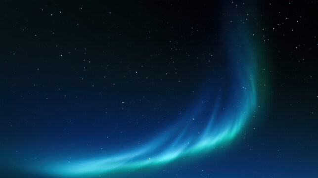 Aurora borealis green blue light arc glowing across starry night sky in polar region with cosmic stars