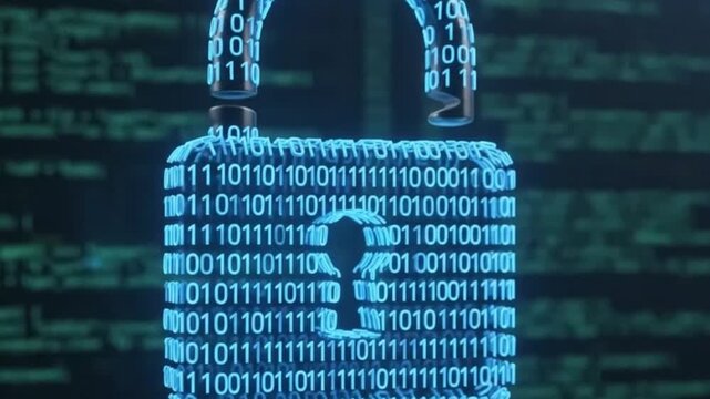 A digital lock appears, formed from binary code, symbolizing cybersecurity. The lock transitions from a simple shape to a more defined structure, emphasizing security.