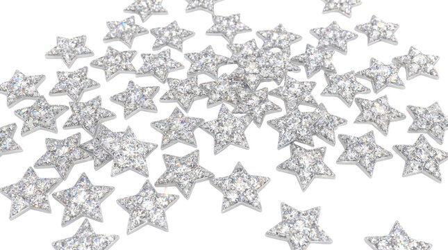 Sparkling diamond stars scattered on white, luxury crystal jewelry elements, elegant silver star shaped gems for fashion design isolated PNG with Transparent Background