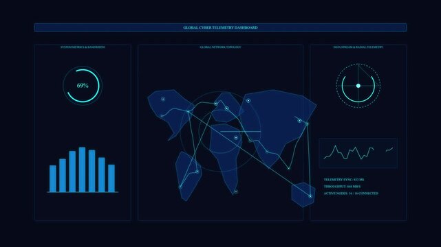 Futuristic UI interface with dark blue world map graph bar chart and HUD elements for technology
