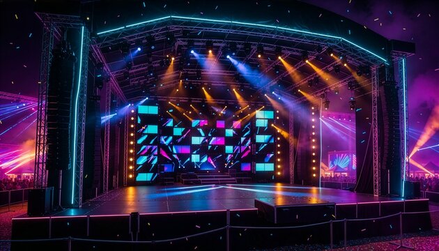 ネオンライトと色鮮やかな照明が輝くコンサートステージ背景　Concert Stage Background Glowing with Neon Lights and Colorful Lighting