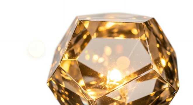 Close-up of a sparkling golden faceted crystal on a white background.