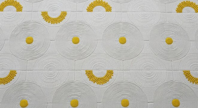 Abstract white textile pattern with semi circular yellow embroidery.