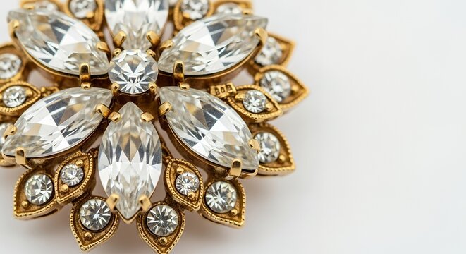 Close-up of a sparkling gold and diamond brooch on a white background.