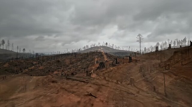 Dirt road through deforested landscape under dark clouds.