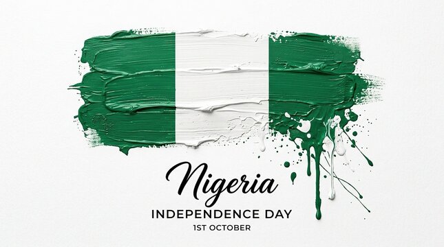 Nigeria Independence Day flag design with artistic green and white paint brush strokes.