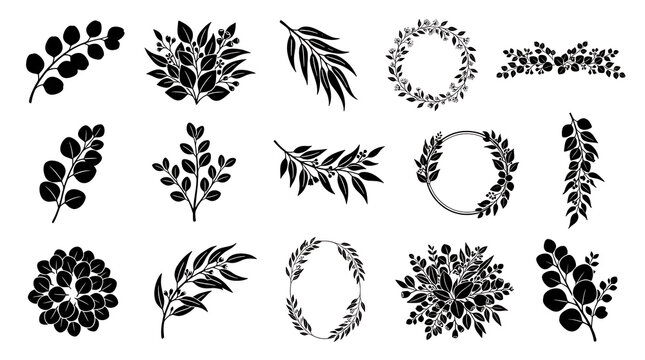 Set of black silhouette eucalyptus branches and decorative foliage wreaths
