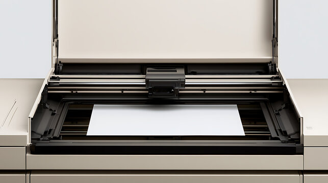A close up view of an open large format office scanner with a blank white paper inside on a clean desk surface in a bright room setting