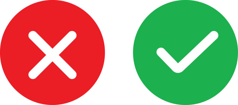 Red cross and green check mark icons representing correct and incorrect choices or true and false options, Red cross mark and green check mark icons