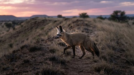Fototapeta premium Bat-eared Fox on Dune at Sunset: A striking bat-eared fox with its characteristic large ears stands on a sandy dune, silhouetted against a pastel sunset sky.
