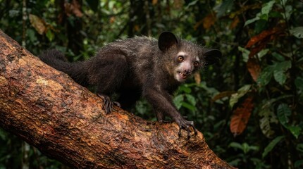 Fototapeta premium Aye-aye on a Branch: A peculiar aye-aye, a nocturnal primate with large ears and rodent-like teeth, perches on a mossy tree branch in a dense rainforest.