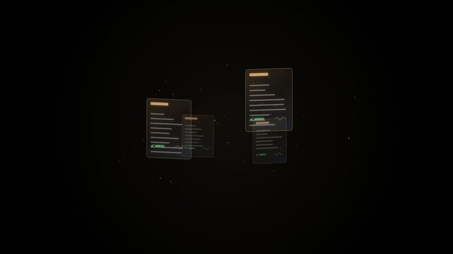 Floating Holographic Digital Document Files With Verified Status Icons In A Dark Virtual Interface