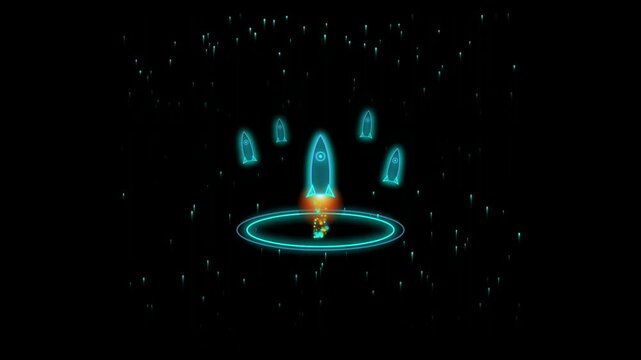 Neon Blue Rocket Launch Animation With Vertical Glowing Particle Effects On Black Background