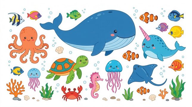 Cute Cartoon Sea Animals Collection with Whale Octopus Turtle and Colorful Fish Illustration for Kids