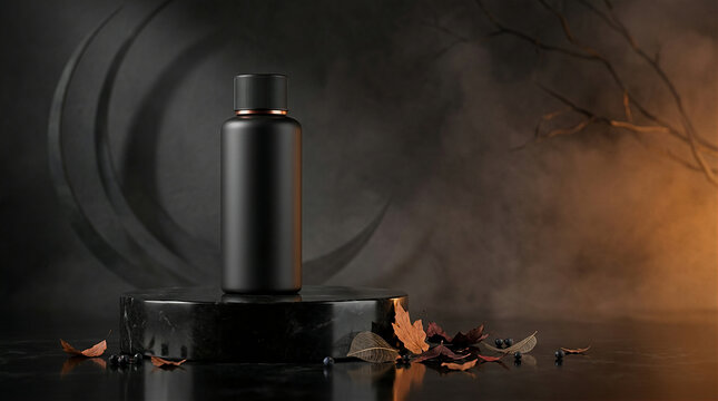 Black cosmetic bottle on dark stone stand surrounded by autumn leaves and moody smoke with skincare packaging product mockup beauty product dark background