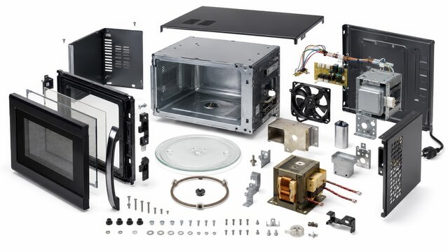 Exploded View of Microwave Oven with Magnetron, Transformer, Turntable and Internal Components